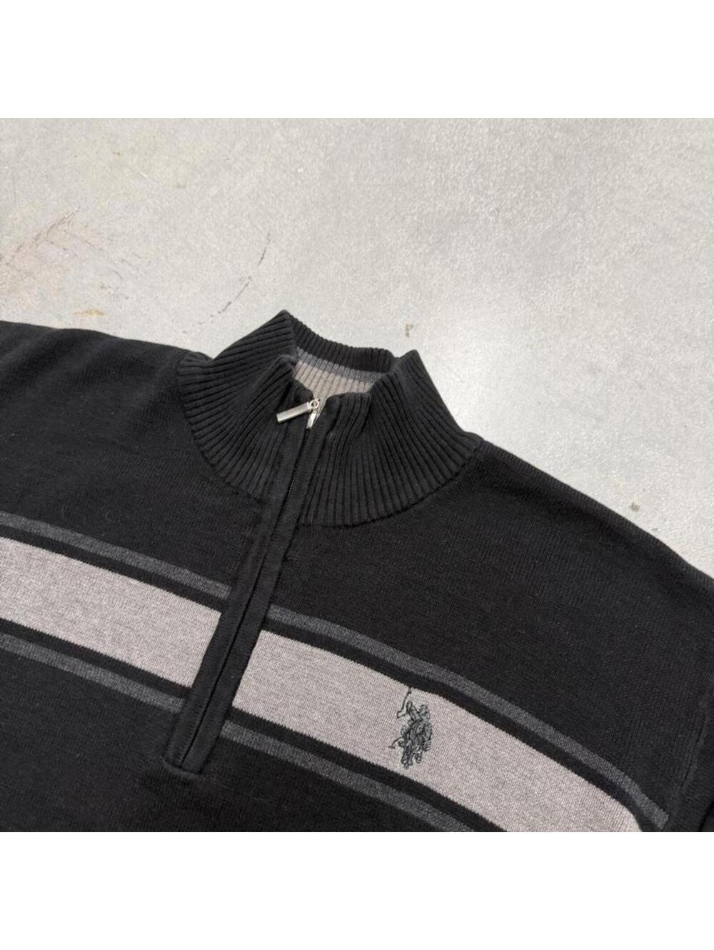 U.S. Polo Assn Quarter Zip Sweater Mens XL Black Gray Striped Mock Neck Pullover